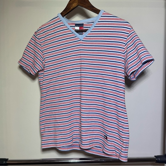 Tommy Hilfiger Red, White, and Blue Striped V-Neck Tee - Picture 1 of 8